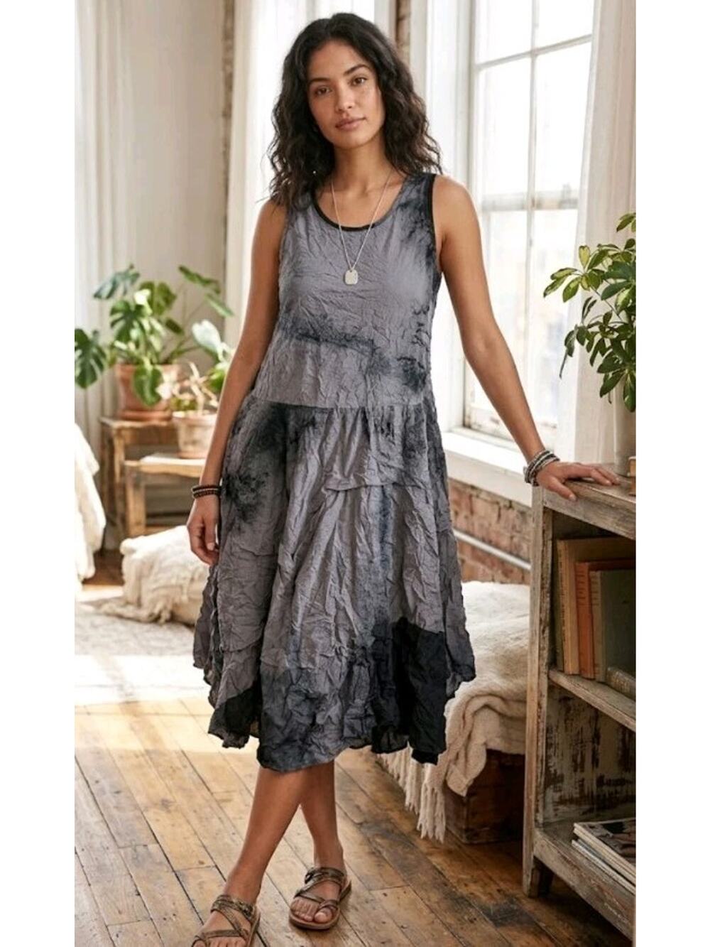 Women's Comfy USA Blue Gray Tie Dye Color Block Sleeveless Dress Art to Wear S